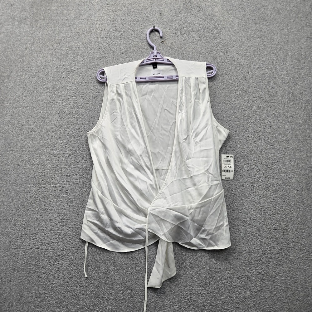 INC Women Blouse L White Wrap Button V-Neck Tie Office Sleeveless NWT